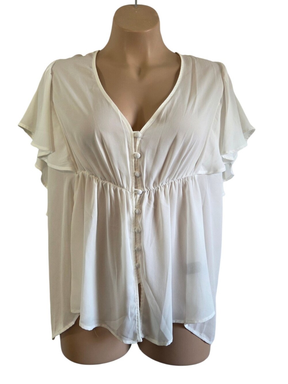 Torrid White Flutter Sleeve V-Neckline Elastic Waist Button Down Top Size 4